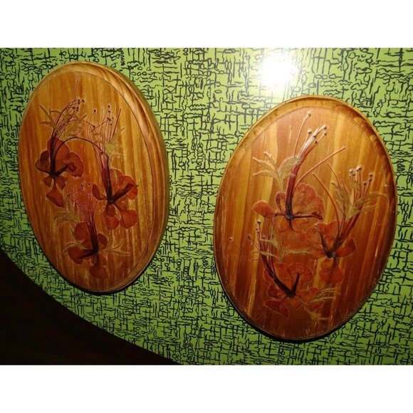 Vintage Two Oval Shaped Dried Pressed Flowers Wall Hanging Plaque farmhouse boho - Picture 7 of 9